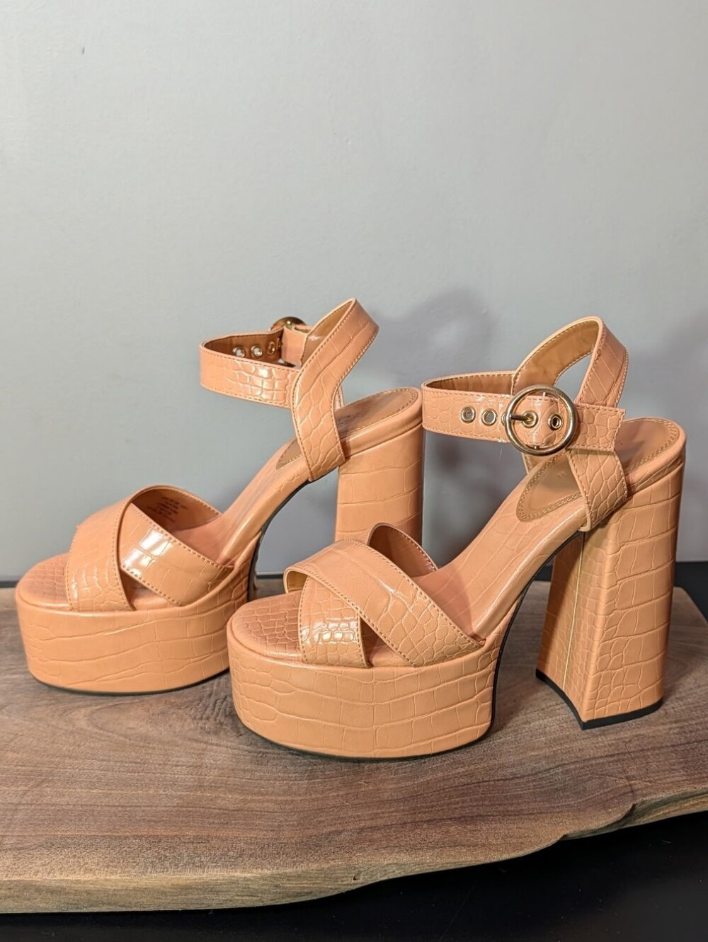 ASOS Croc-Embossed Platform Block Heel Sandals in Peach
